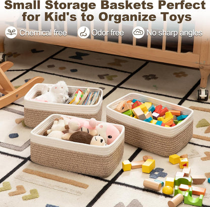 3 Pack Small Storage Baskets for Organizing, Cute Woven Decorative Gift Baskets for Shelves, Mini Closet Organizer Bins with Handles, 11.81''Lx7.87''Wx4.72''H-Brown and White