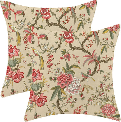CXMEIFLY Spring Floral Birds Pillow Covers 18 x 18 Inch Set of 2 for Chinoiserie Flowers Decor Throw Pillows Pink Red Plant Outdoor Decorative Cushion Cases for Couch Bed Decorations