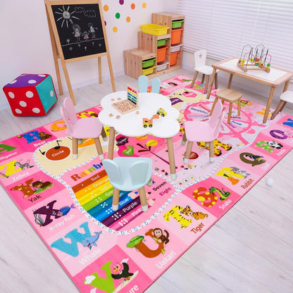 Kids Rugs for Playroom Bedroom Classroom Nursery, Non-Slip and Washable Rugs for Children Toddlers Girls, Educational and Fun Rug Carpets with ABC Alphabet Animals Shapes, 5x7, Pink