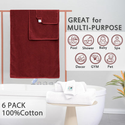 VOOVA & MOVAS Towels Bathroom Set - 100% Cotton | Quick Dry | Soft | Thick, Towel Set of 6, 2 Large Bath 30"x56", 2 Hand 18"x28", 2 Wash Cloths 13"x13", Bathroom Essentials, Burgundy Red and White