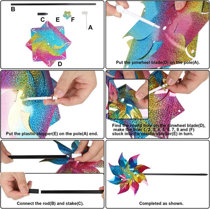 Hausse 10 Pack Reflective Pinwheels Wind Spinner, Extra Sparkly Rainbow Pinwheel with Stakes, Bird Repellent Blinder Devices Deterrent to Scare Birds Away from Yard Patio Farm Garden, Colorful