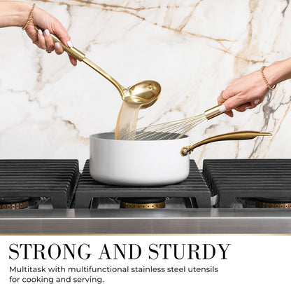 7-Piece Beige & Gold Kitchen Utensils Set – Non-Toxic Silicone & Stainless Steel Tools for Cooking, Serving, & Hosting – Ideal for Nonstick Cookware & Modern Kitchens, with Gold Utensil Holder