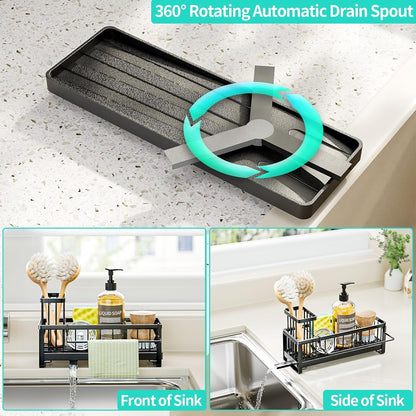 HapiRm Sponge Holder for Kitchen Sink - Self-draining Sink Caddy with Brush and Dishcloth Holders, Stainless Steel Kitchen Organizer for Countertop - Black