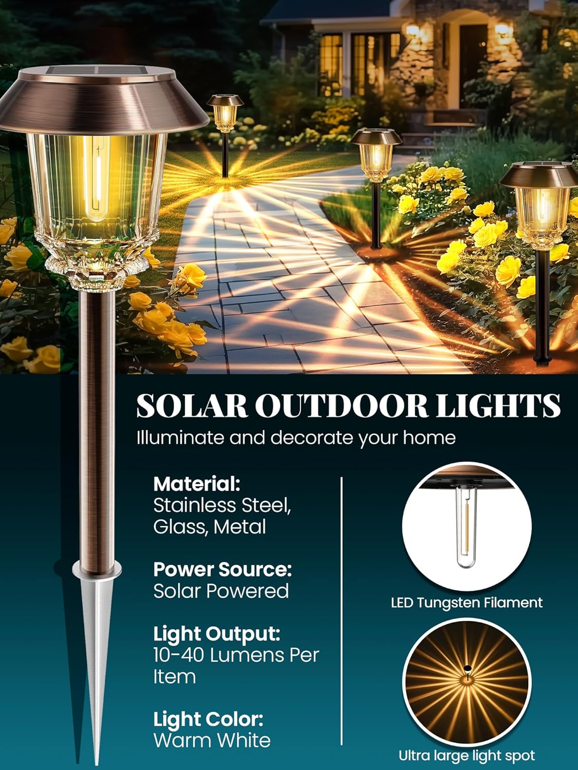 Solar Lights Outdoor Waterproof,4 Pack Bronze Pathway Lights with 10-40 LM Dimmable Glass and Metal, Solar Powered Garden Fall Decor for Yard,Patio,Pathway,Driveway(Warm White)