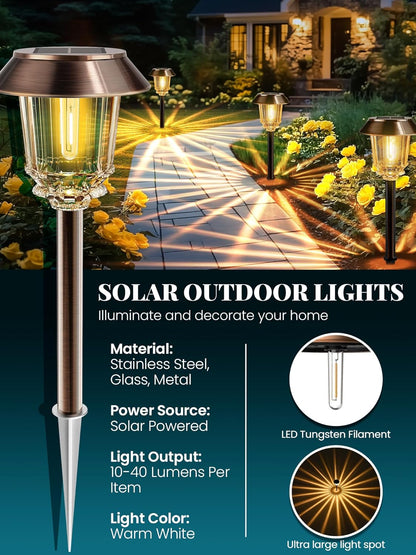 Solar Lights Outdoor Waterproof,4 Pack Bronze Pathway Lights with 10-40 LM Dimmable Glass and Metal, Solar Powered Garden Fall Decor for Yard,Patio,Pathway,Driveway(Warm White)