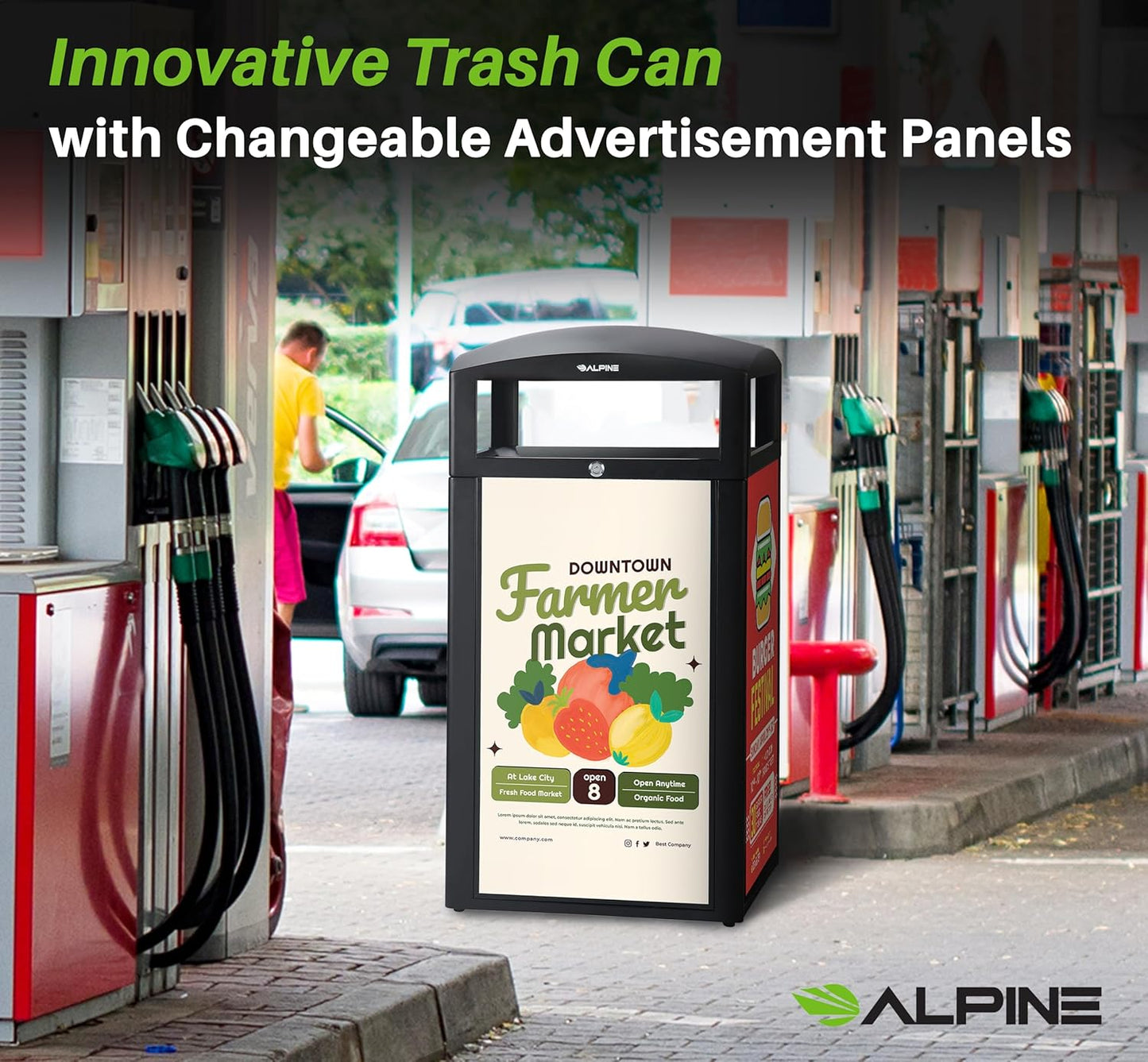 Alpine Outdoor Commercial Trash Can with Lid - 40 Gallon Heavy Duty Metal Garbage Can with Advertising Panels, Removable Bin, Locking Lid for a Modern Look in Pool, Park, Mall (Grey Stones)