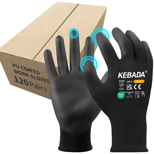 Kebada Safety Work Gloves,120 Pairs Bulk Pack, Touchscreen, PU Coated, Ideal for Warehouse, Construction, Gardening and Mechanics, Black, Large