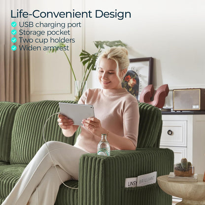 LINSY HOME Loveseat Sofa with Pull Out Couch Chaise: 2-in-1 Convertible 2 Seater Sofa with USB Charging & Cup Holders, Comfy Plush Corduroy Love Seat for Small Spaces Living Room Apartment, Green