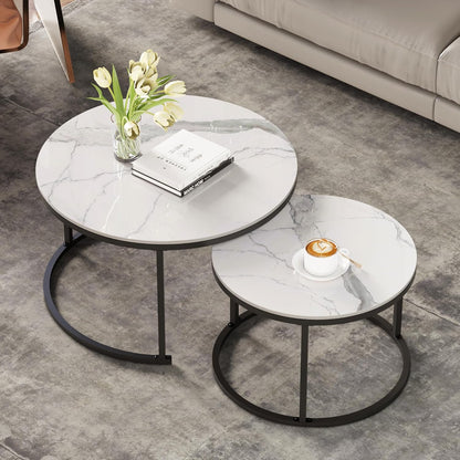 Round Nesting White Modern Decorative Coffee Table (Set of 2), Sintered Stone Top & Sturdy Metal Frame for Living Room