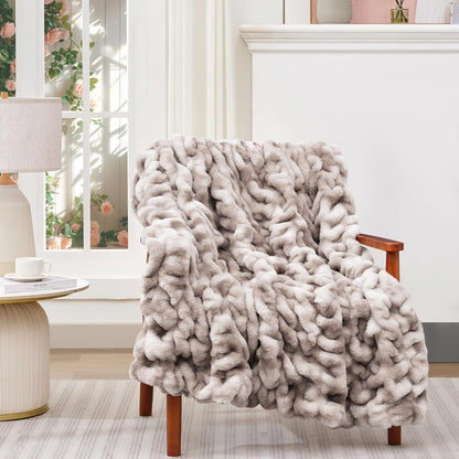 Touchat Ruched Faux Rabbit Fur Throw Blanket, 700 GSM Luxury Dual-Sided Soft Cozy Blanket, Fuzzy Fluffy Plush Blanket for Bed, Couch and Sofa - 50"x60", Tie-dye Coffee