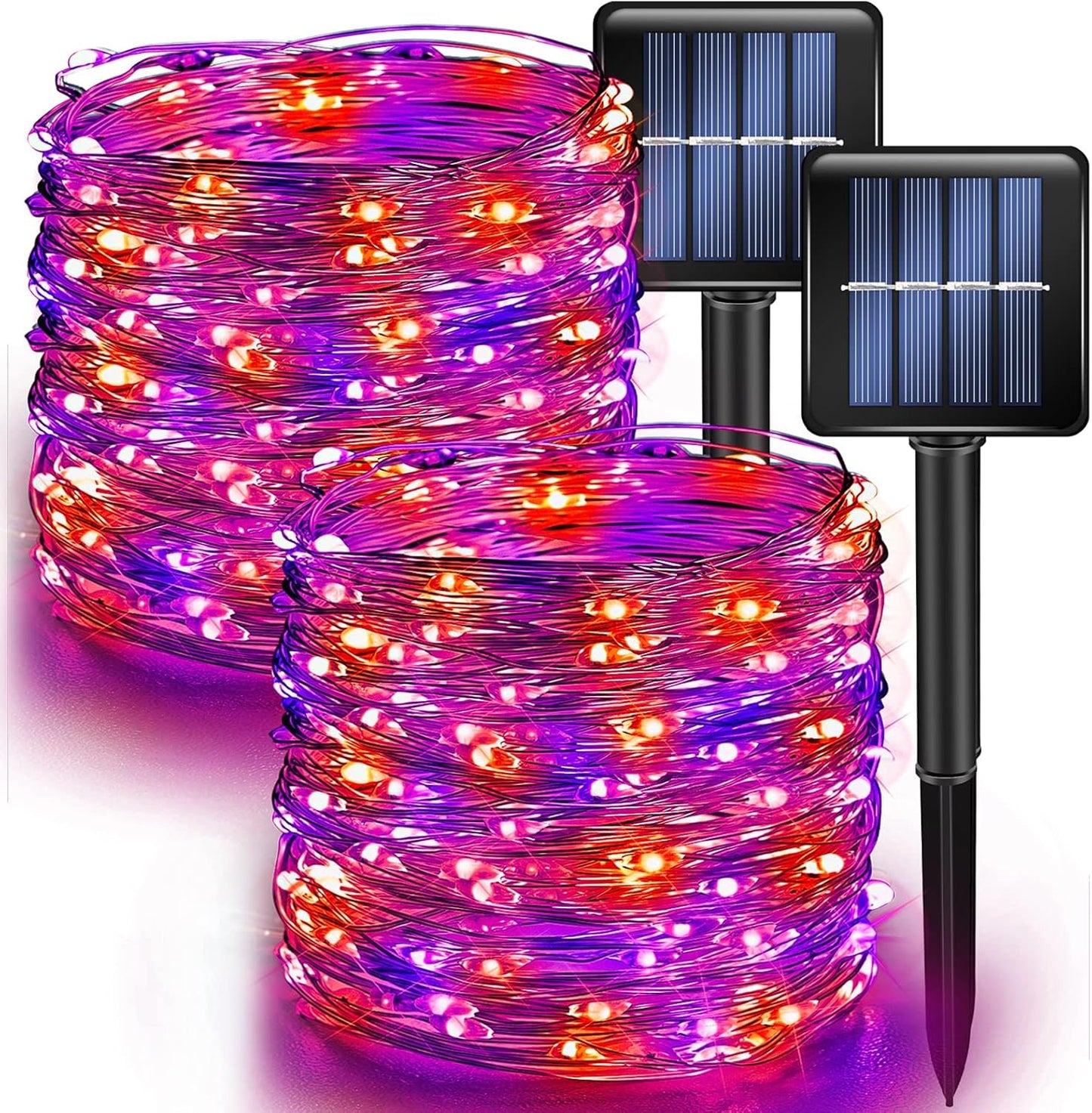 Dazzle Bright 2 Pack Purple and Orange Fairy String Lights, Total 80FT 240LED Solar Powered Fairy Lights with 8 Modes, Waterproof Copper Black Wire Lights for Outdoor Yard Party Halloween Decorations