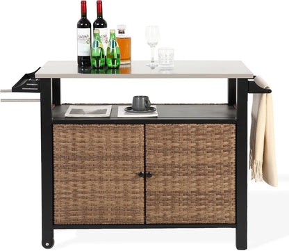 Grill Cart Outdoor with Wheels, Outdoor Prep Table with Wicker Storage and Rolling Wheels, Kitchen Island Serving Cart with Stainless Steel Table Top for BBQ, Porch, Patio, Brown