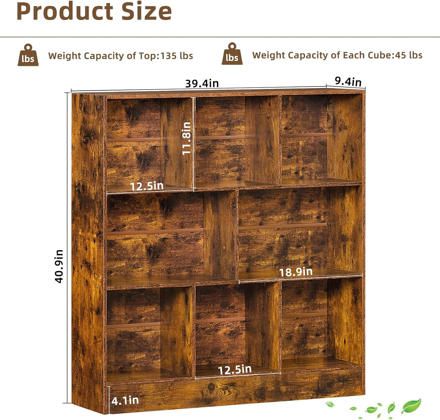 LEYAOYAO 8 Cube Bookshelf with Wood Base, Brown 3 Tier Mid-Century Modern Bookcase,Standing Wide Bookshelves Storage Organizer Shelf,Rustic Display Cabinet Book Shelves for Bedroom,Living Room,Office