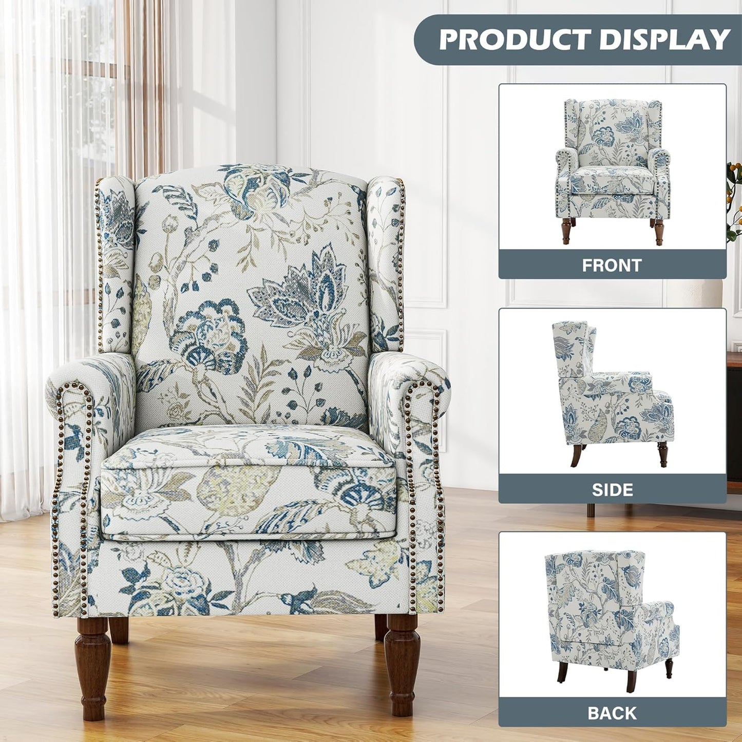 UIXE High Back Floral Accent Chair, Upholstered Armchair in Fabric, Retro Printed Wingback Arm Chair for Living Room, Nailhead Trim Single Sofa Bedroom Reading Seat - Plants Blue