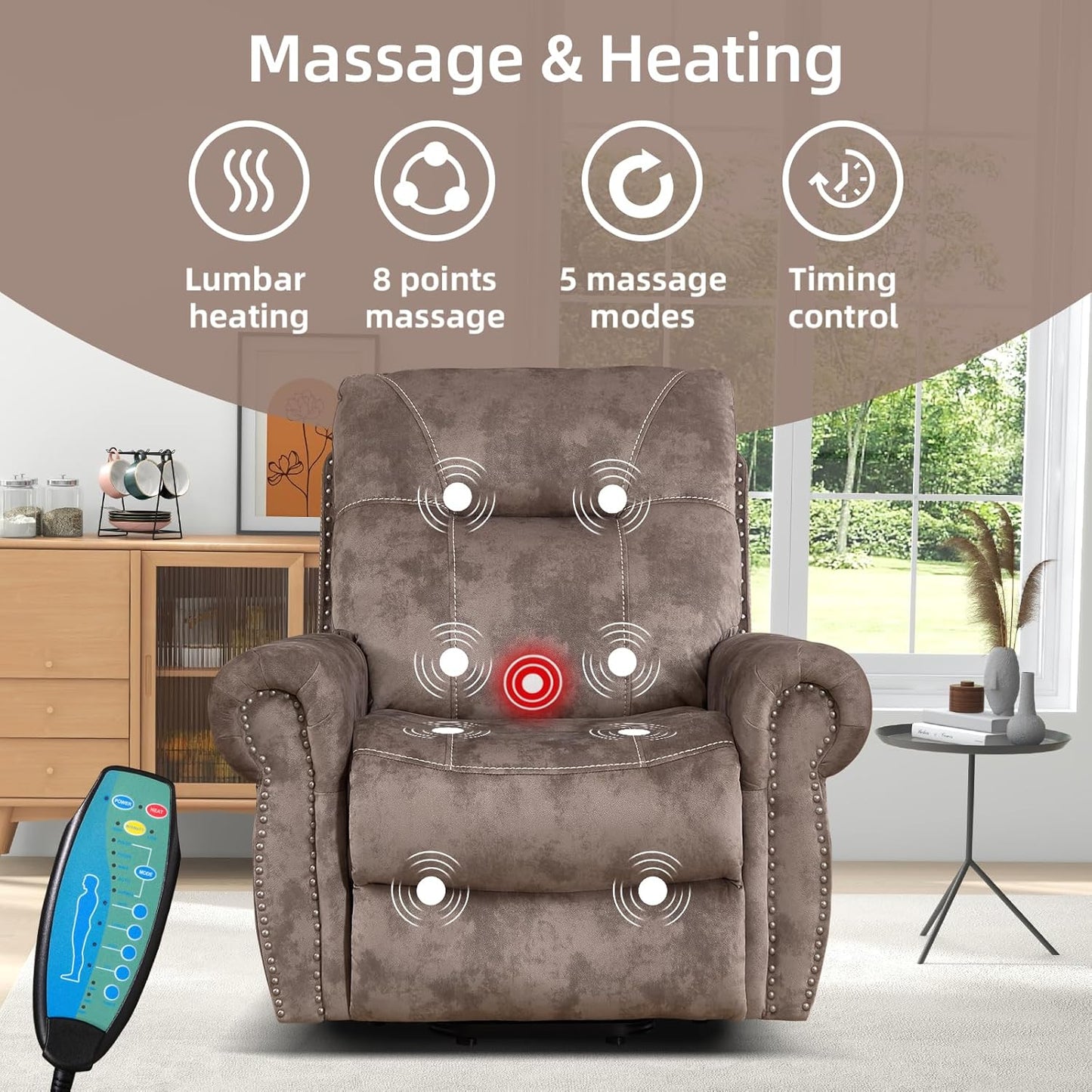 EBELLO 3 Pieces Reclining Couch Furniture Set for Living Room, Double 1 Seat Power Recliner Chair with Massage and Heat, a 3 Seater Manual Sofa, Vintage Rivet Mid-Century Design, Brown