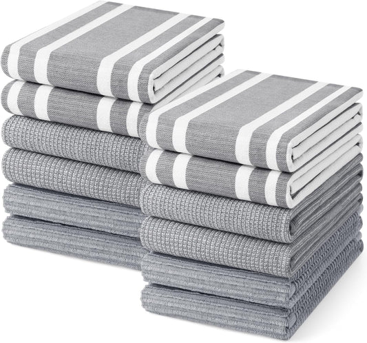 Homaxy Premium Kitchen Towels(18”x 28”, 12 Pack), Large Cotton 380 GSM Kitchen Hand Towels, Soft and Absorbent Terry Dish Towels, Multipurpose Tea Towel Set with Hanging Loop, Grey