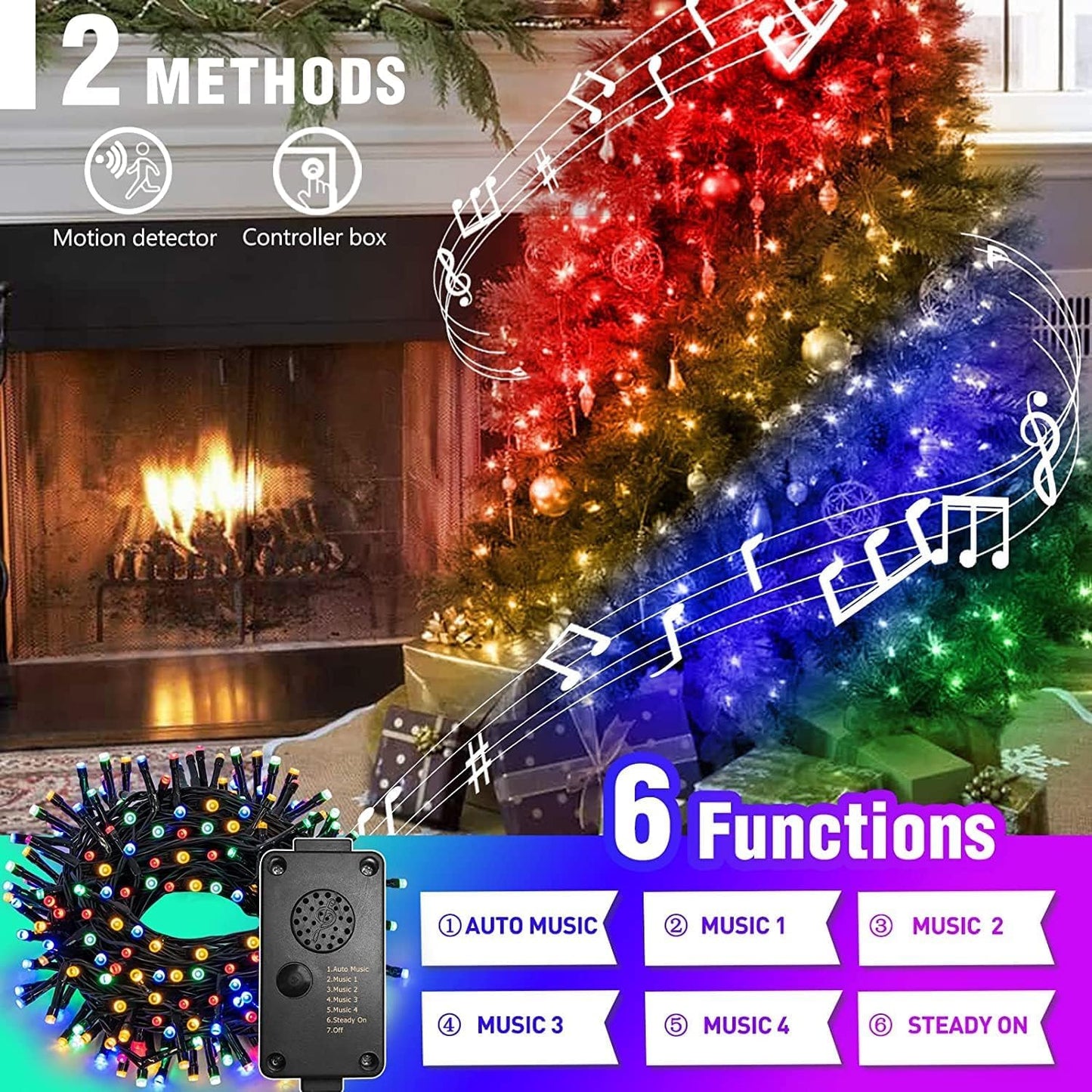 PEIDUO Christmas Lights with Music, Infrared Motion Sensor Controller with 6 Modes, Waterproof for Xmas Outdoor Garden Party Decor, Plug in, Multicolor Lights