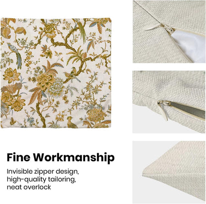 CXMEIFLY Summer Floral Birds Pillow Covers 16 x 16 Inch Set of 2 for Chinoiserie Flowers Spring Decor Throw Pillows Mustard Yellow Plant Outdoor Decorative Cushion Cases for Couch Bed Decorations