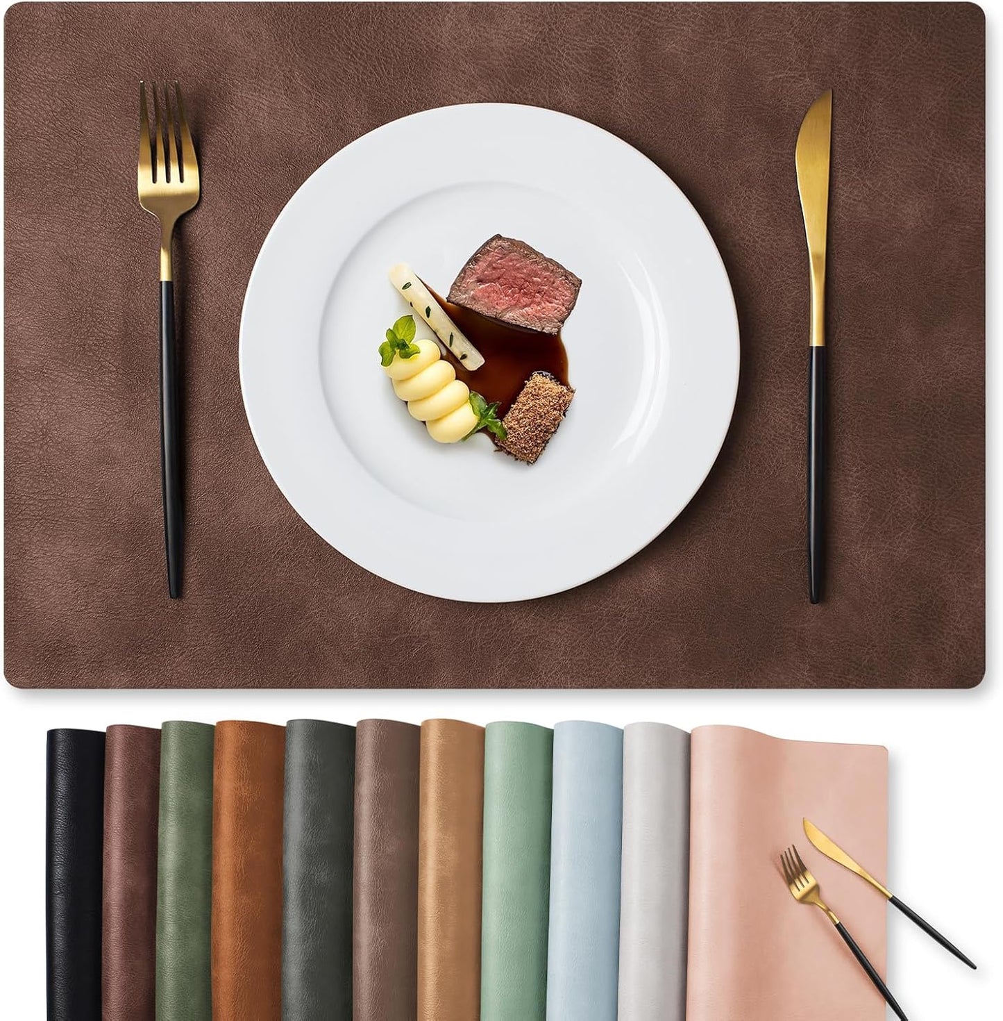 MOSAYT Vinyl Placemats Set of 4-12 X 17 Inch - Faux Leather 100% Waterproof Oil-Proof Wipeable PU Place Mats, Heat Resistant Reversible Table Mats for Kitchen, Dining, Outdoor (Coffee)