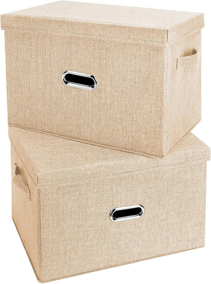 Large Linen Fabric Foldable Storage Bins with Removable Lid and Handles, Washable Storage Box Organizer Containers Baskets Cube with Cover for Bedroom,Closet,Office (Khaki, Medium(2-Pack))