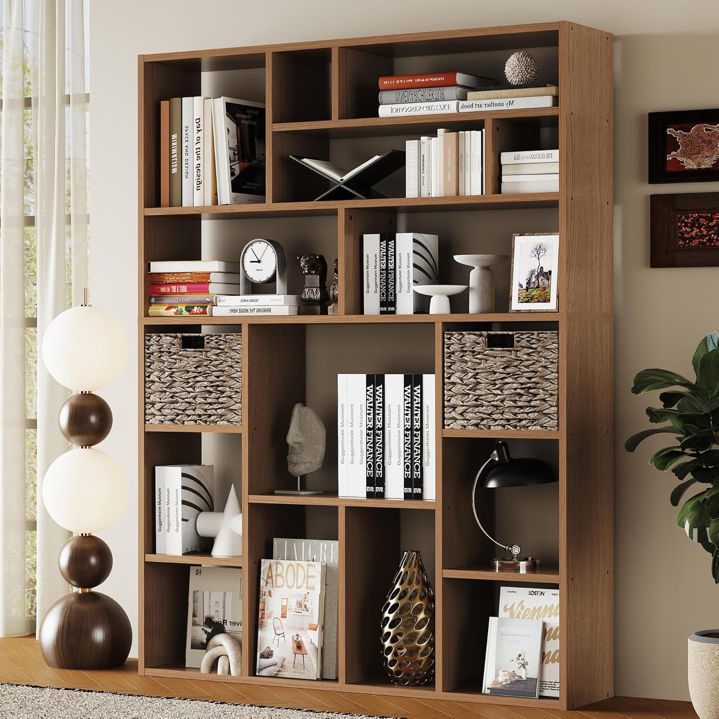 BLANKSPACE 71" H Large Bookcase with 6 Open Shelves & 2 Foldable Baskets - Heavy Duty Storage Bookshelf for Home Office, Living Room, Freestanding Organizer, Yili Oak