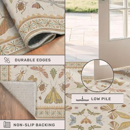 Washable Neutral Area Rug Living Room, 5x8 Washable Rugs for Bedroom Under Bed, Nursery Room, Boho Vintage Insect Butterfly Non-Slip Low Pile Stain Resistant - Beige/Yellow