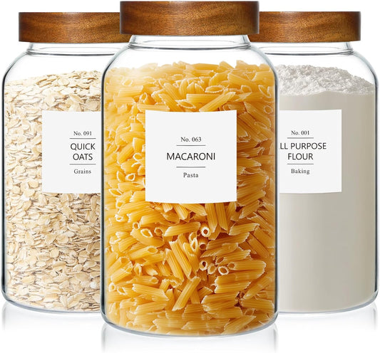KEYWING 88oz Large Glass Jars with Airtight Acacia Wood Lids, Set of 3 Food Storage Containers for Flour, Sugar, Rice, Pasta, Cereal, Cookies – Includes 126 Labels