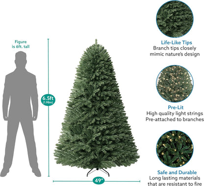 Prague 6.5ft Prelit Artificial Christmas Tree with Foot Pedal, 1197 Branch Tips, 450 Warm Lights and Metal Stand, 49" Wide Realistic Spruce Christmas Tree with Lights by Naomi Home