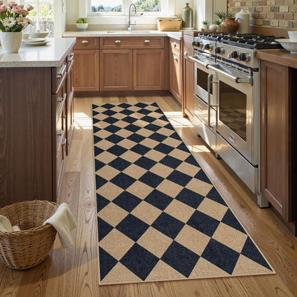 Lahome Checkered Easy Jute Runner Rug, 2x8 Hallway Kitchen Runner Rug Non Slip Washable Outdoor Carpet for Entryway Indoor, Checkerboard Black Indoor Outdoor Carpet for Hallway 8ft Entry