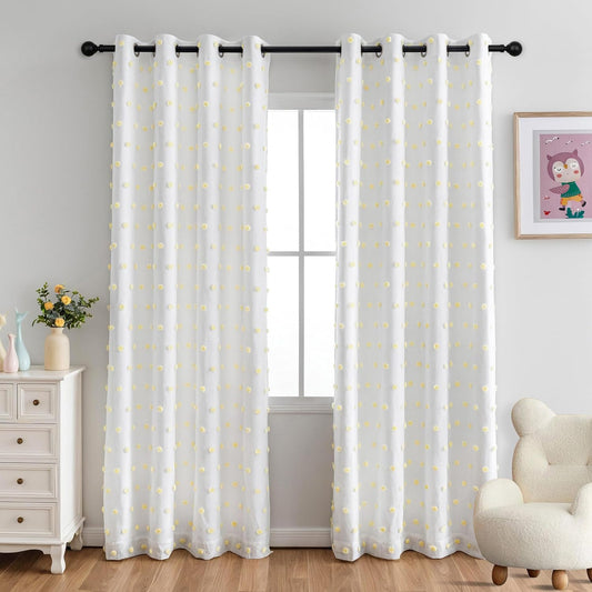 MYSKY HOME 100% Blackout Curtains for Girls Kids Bedroom Thermal Insulated 84 Inch Length Nursery Curtains 2 Panels Grommet Light Filtering Yellow Pom Pom Sheer Drapes for Dining Room, 52W x 84L
