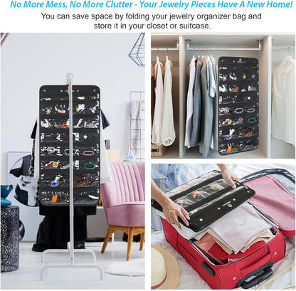 Freegrace Hanging Jewelry Organizer Revolving Hanger - Secure Zipper Closure - 25 Pockets,23 Hooks - Foldable Storage & Display Solution - for All Jewelry & Bijoux (Black)