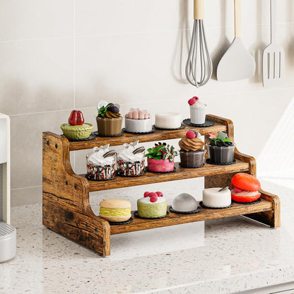 KLM 3-Tier Spice Rack, 13.8 Inch Wood Step Shelf Countertop Spice Storage Holder, Kitchen Pantry Cabinet Organizer Cupboard for Spice Bottles, Jars, Seasonings, Baking Supplies,Bathroom Organizer