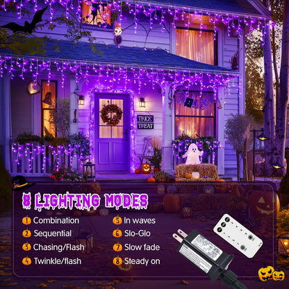 JMEXSUSS Purple Halloween Lights Outdoor, 800 LED Purple Icicle Lights Outdoor Waterproof, 8 Modes String Light Plug in for Fireplace Tree Garden Patio Halloween Decor