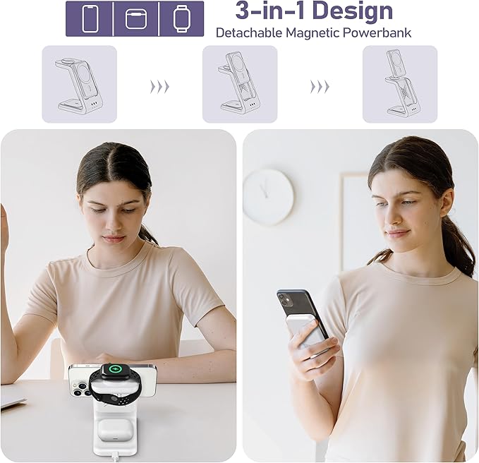 3 in 1 Wireless Charging Station: 5000mAh Removable Power Bank Charger Stand for Phone/Watch/Air Pods - Portable Magnetic Battery Pack for Air 17 16 15 14 13 12 Series White