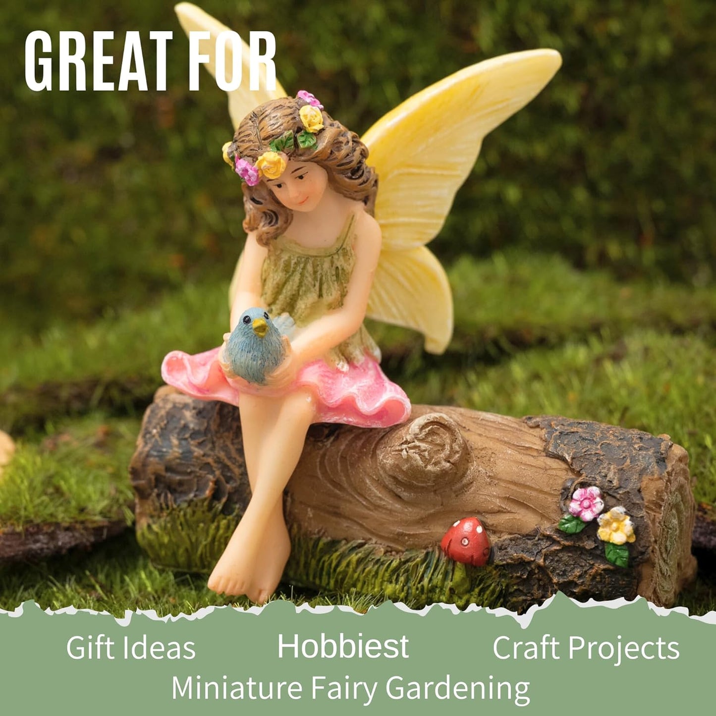 PRETMANNS Fairy Garden Fairies – Cute Accessories for Indoor or Outdoor Miniature Garden - Figurine Vicky on a Decorated Log – 2 Items