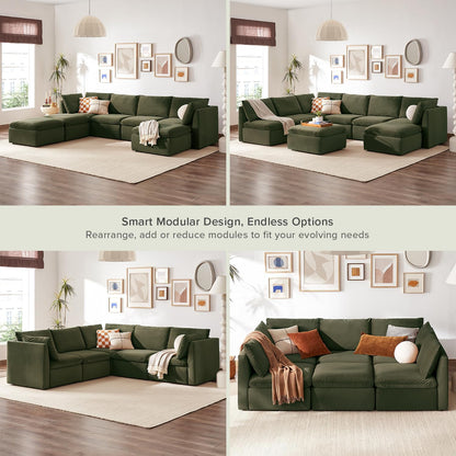 mopio Oversized Modular Sectional Sofa with Fully Removable Covers and Storage, Convertible U, L-Shaped and Sleeper Sectional, Modern Couches with Ottoman Chaise (Olive Green Velvet, 7 Seats, U)
