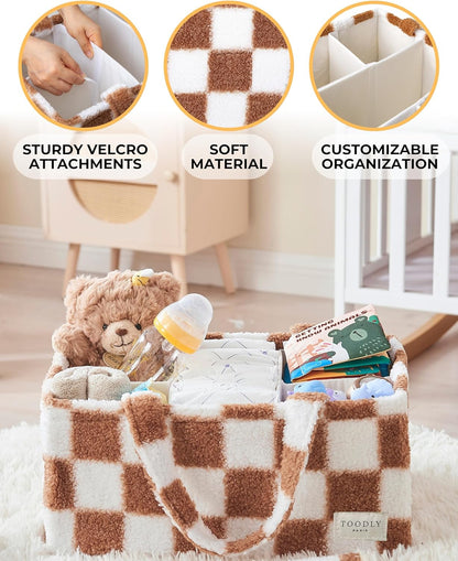 Checkered Diaper Caddy Organizer with Portable Changing Mat - Teddy Fleece Diaper Organizer for Changing Table - Caddy Organizer with Removable Dividers - Light Taupe and White