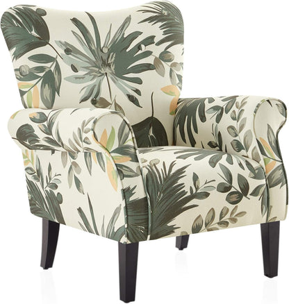 BELLEZE Modern Accent Chair for Living Room, High Back Floral Armchair with Wooden Legs, Upholstered Wingback Side Chair Padded Armrest Single Sofa for Living Room, Bedroom - Allston (Green Floral)