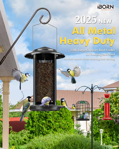 iBorn Bird Feeders for Outdoors, All Metal Mesh Tube, Holding Bird Seed for Outside Feeders,18cm Large Roof, Black, 2.8lb(Seed is not Included)