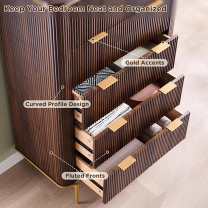 T4TREAM Fluted 5 Drawers Dresser for Bedroom, 48" Tall Modern Dresser Chest of Drawers, Gold Accents, Fluted Fronts, Wood Storage Dressers Organizer for Bedroom, Living Room, Dark Walnut