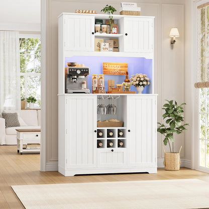 FINETONES 71" Pantry Cabinet with 7-Color LED Light and Charging Station, Kitchen Pantry Cabinet with Microwave Stand, Kitchen Hutch Food Storage Cabinet with Outlet and Wine Racks, White