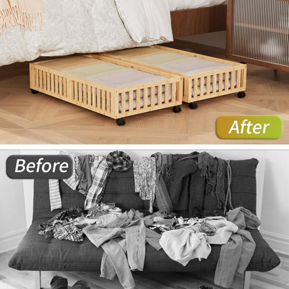 Bamboo Under Bed Storage with Wheels (2-Pack) – Rolling Underbed Shoe Organizer Box for Shoes, Blankets, Toys, Clothes Container Space-Saving Organizer Bins for Bedroom, Closet, Dorm, Nursery