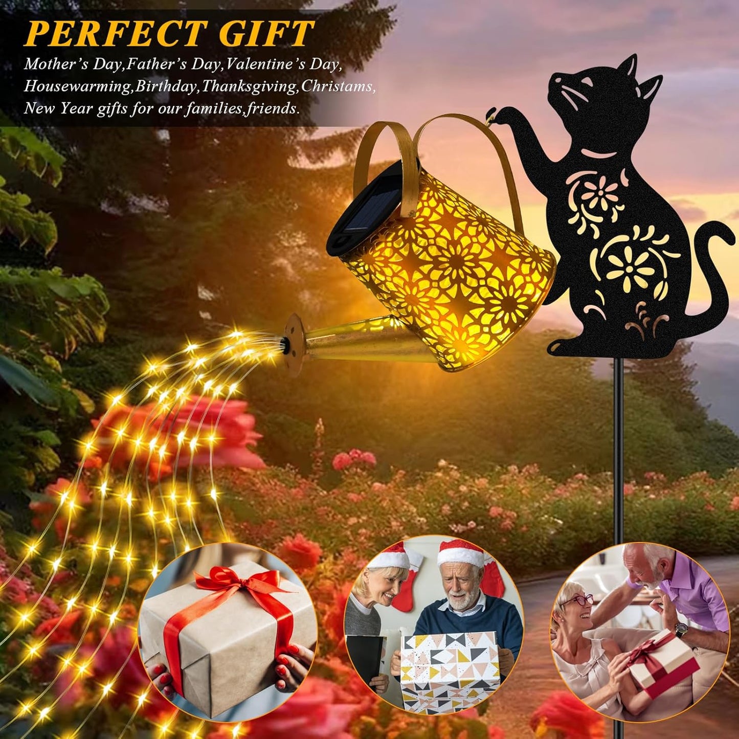 Solar Lights Outdoor Decorative, Watering Can with Cascading Lights, with Cat Silhouette Garden Stakes, Waterproof Metal Garden Decor for Yard Art, Outside, Patio, Lawn Ornaments