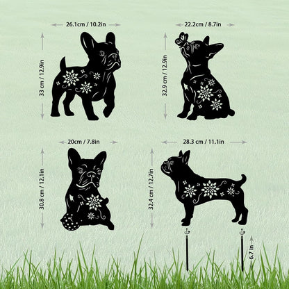 4 Pack Bulldog Metal Garden Decorative Stakes, Weather Proof Puppy Silhouette Statues for Yard, Patio,Outdoor Decor for Bulldog Lovers and Pet Owners