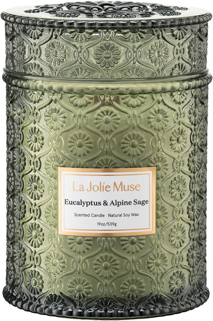LA JOLIE MUSE Eucalyptus & Alpine Sage Candle – Eucalyptus, Sage & Lavender | 19 oz Wooden Wick | Natural Soy Wax | 90 Hours Burn | Candle for Relaxation