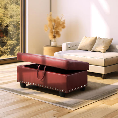 Ottoman Rectangular Storage Ottoman Bench, Faux Leather Footrest, Coffee Table, Stool Footstool with Hinged Lid for Living Room, Bedroom, Entryway, Red, 28.5"x19"x17.5"