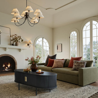 Modern Coffee Table with Storage, 47.2" Oval Fluted Coffee Table with Sliding Doors, Minimalist Tea Table with Wood Grain Veneer, Mid Century Center Tables for Living Room, Apartment, Black