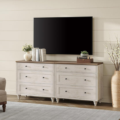 WAMPAT Kids Dresser for Bedroom with 6 Drawers, Baby Dressers with Wide Chest of Drawers, Farmhouse Wooden Closet Storage Organizer, Large Wood Dressers for Living Room, Nursery, Hallway, Rustic White