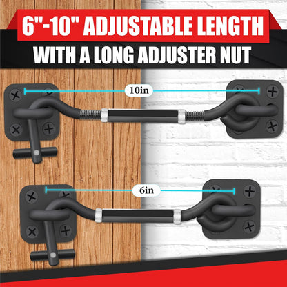 [Upgrade Adjustable] 6”-10” Cabin Hook Eye Latch Gate, Heavy Duty 4 Mounting Points Bracket, Barn Door Lock Latch, Durable Door Swivel Window Hook Lock for Sliding Door, Outdoor, Window, Cabinet