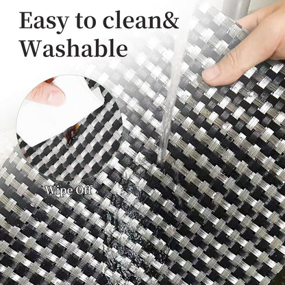 Vinyl Plastic Placemats Set of 6 Washable Heat Resistant Non-Slip Elegant Indoor Outdoor Kitchen Dining PVC Woven Table Place Mats (Black Silver Weaving)